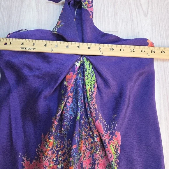Halston Heritage Woman's Silk Dress Size 4 Twist‎ Front Halter Midi Floral Blue - Picture 7 of 13